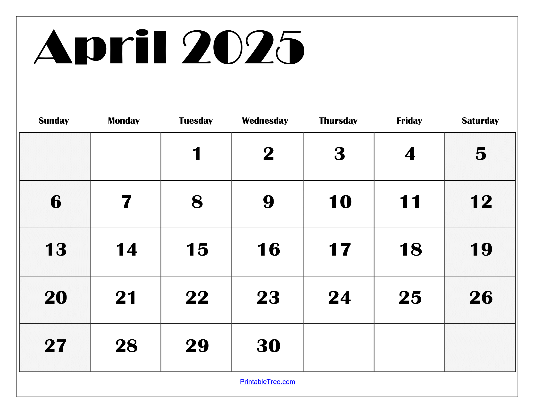 April Calendar Free Printable
