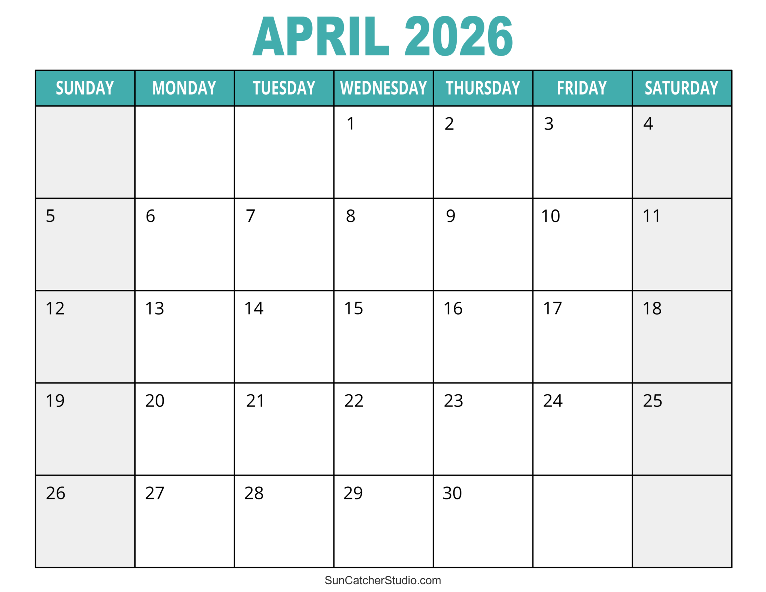Monthly Calendar 2026 Printable