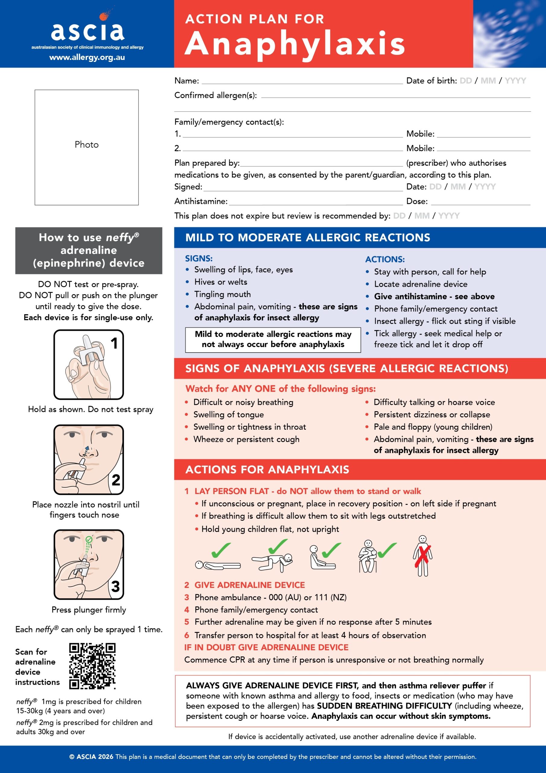 Allergy Action Plan Printable