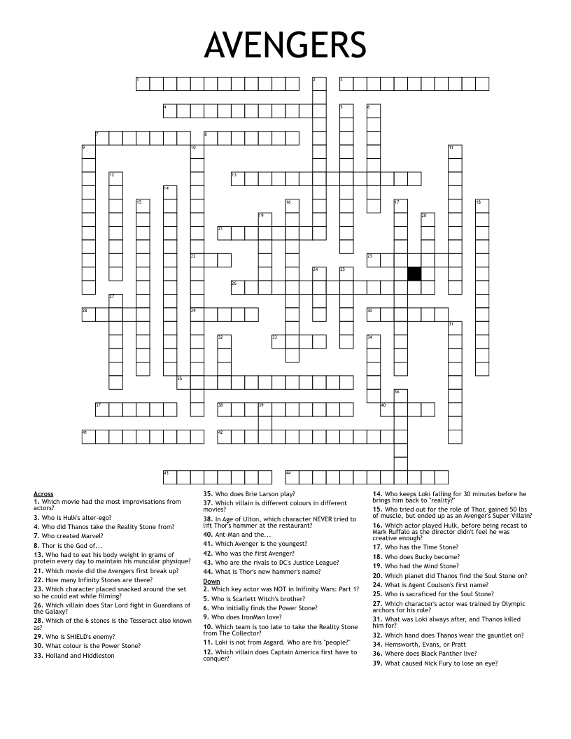 Avengers Crossword Puzzle Printable
