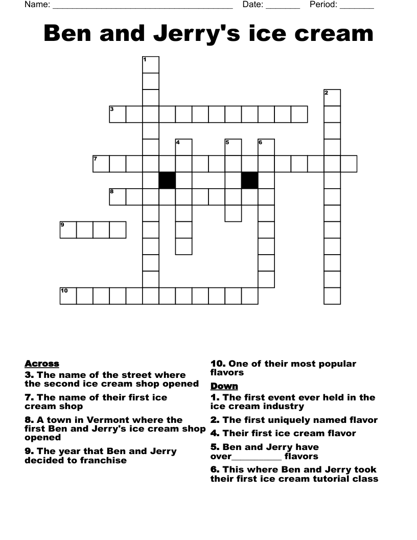 Ice Cream Crossword Puzzle Printable