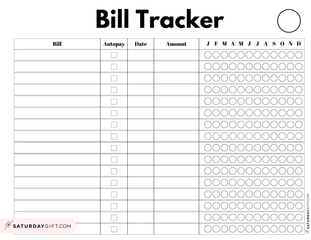 Printable Bill Tracker