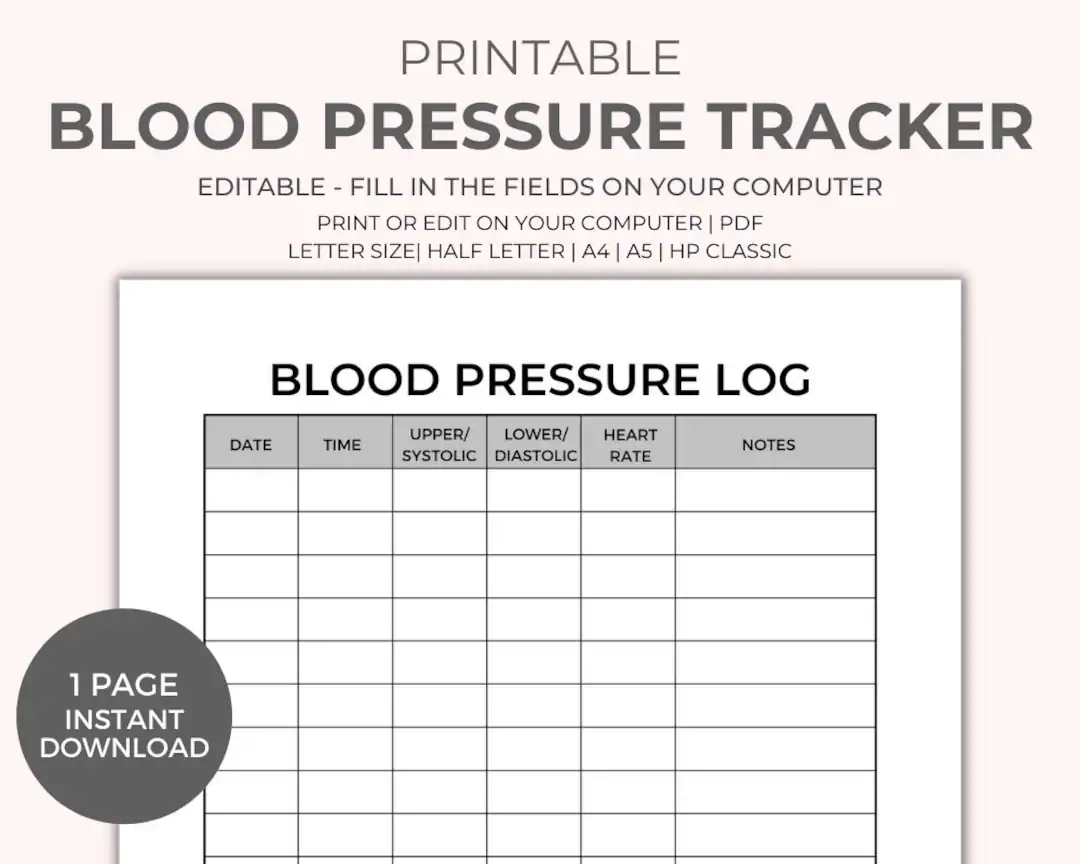 Blood Pressure Chart Printable Instant Download Medical Tracker 