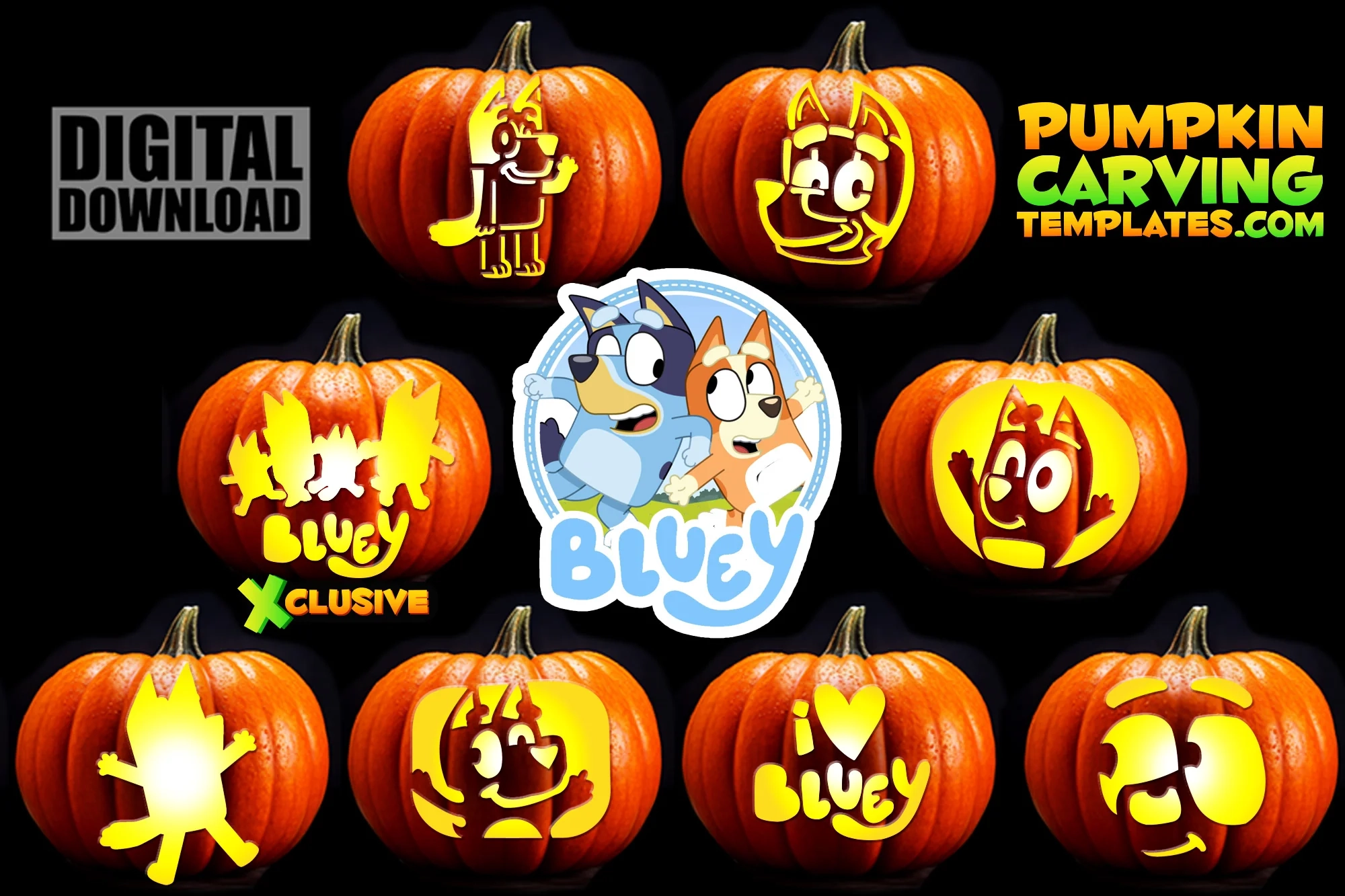 BLUEY DOG CARTOON BUNDLE PUMPKIN CARVING TEMPLATE DIGITAL DOWNLOAD 