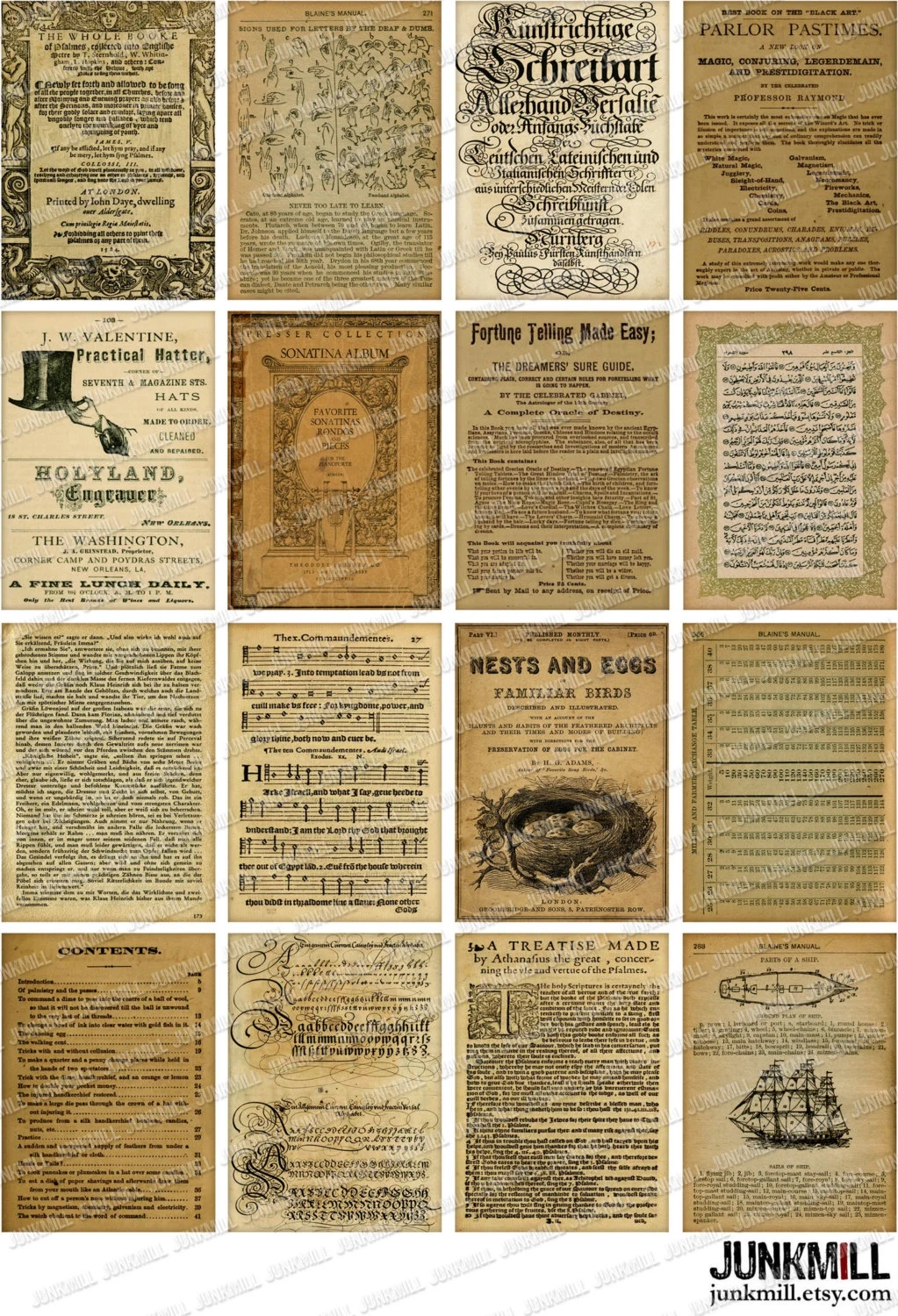 BOOK PAGES Digital Printable Collage Sheet 16 Old Vintage Distressed Book Pages With Foreign Text Calligraphy Sheet Music Diagrams