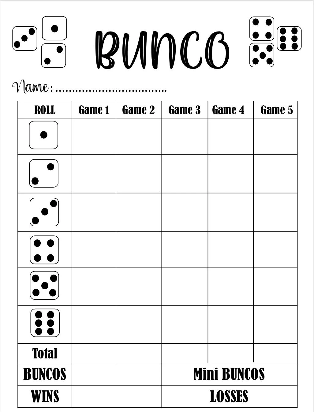 Bunco Score Card Bunco Scoresheet Bunco Score Pads Printable 