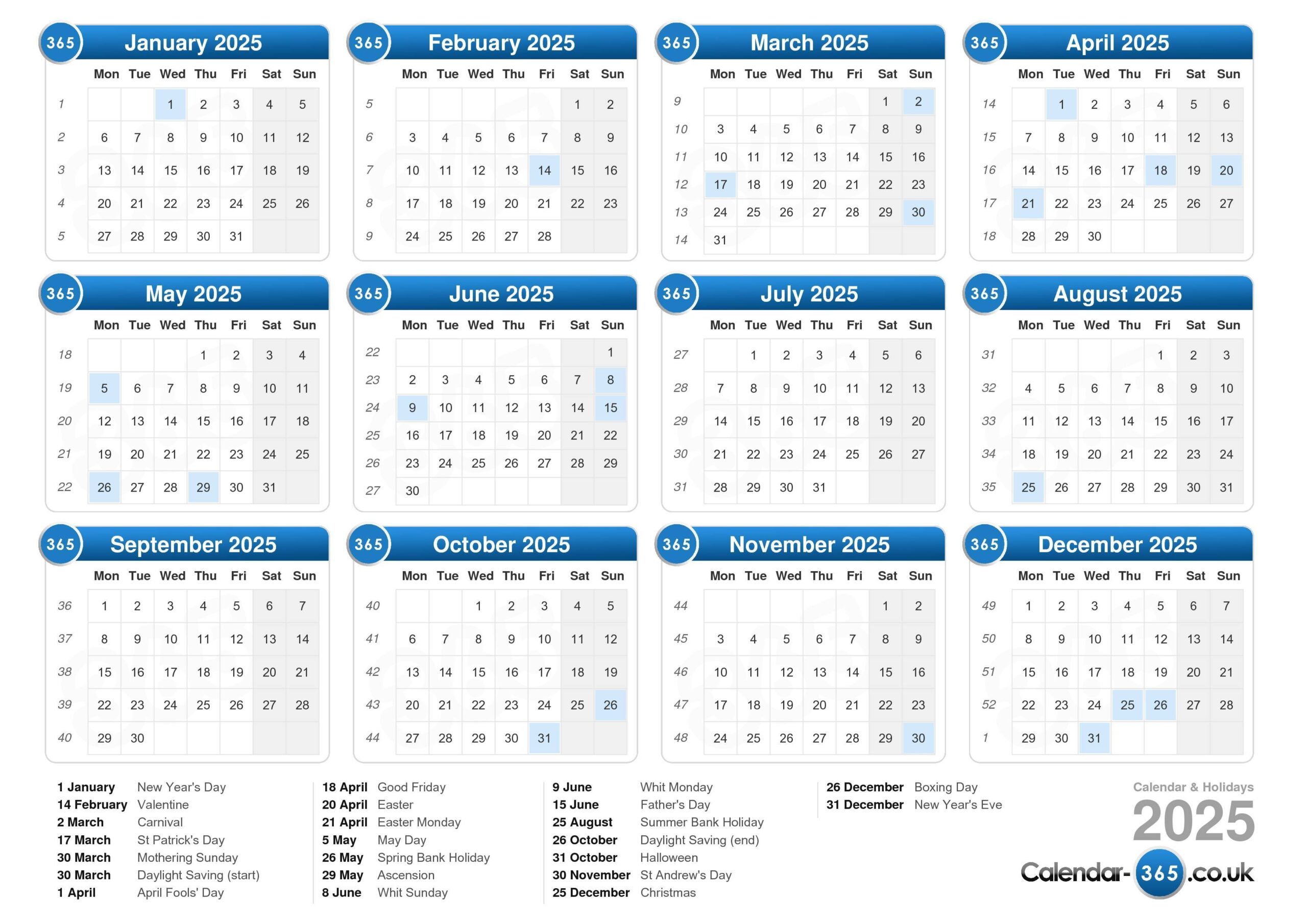 Holiday Calender To Print 2025 To 2026 Uk
