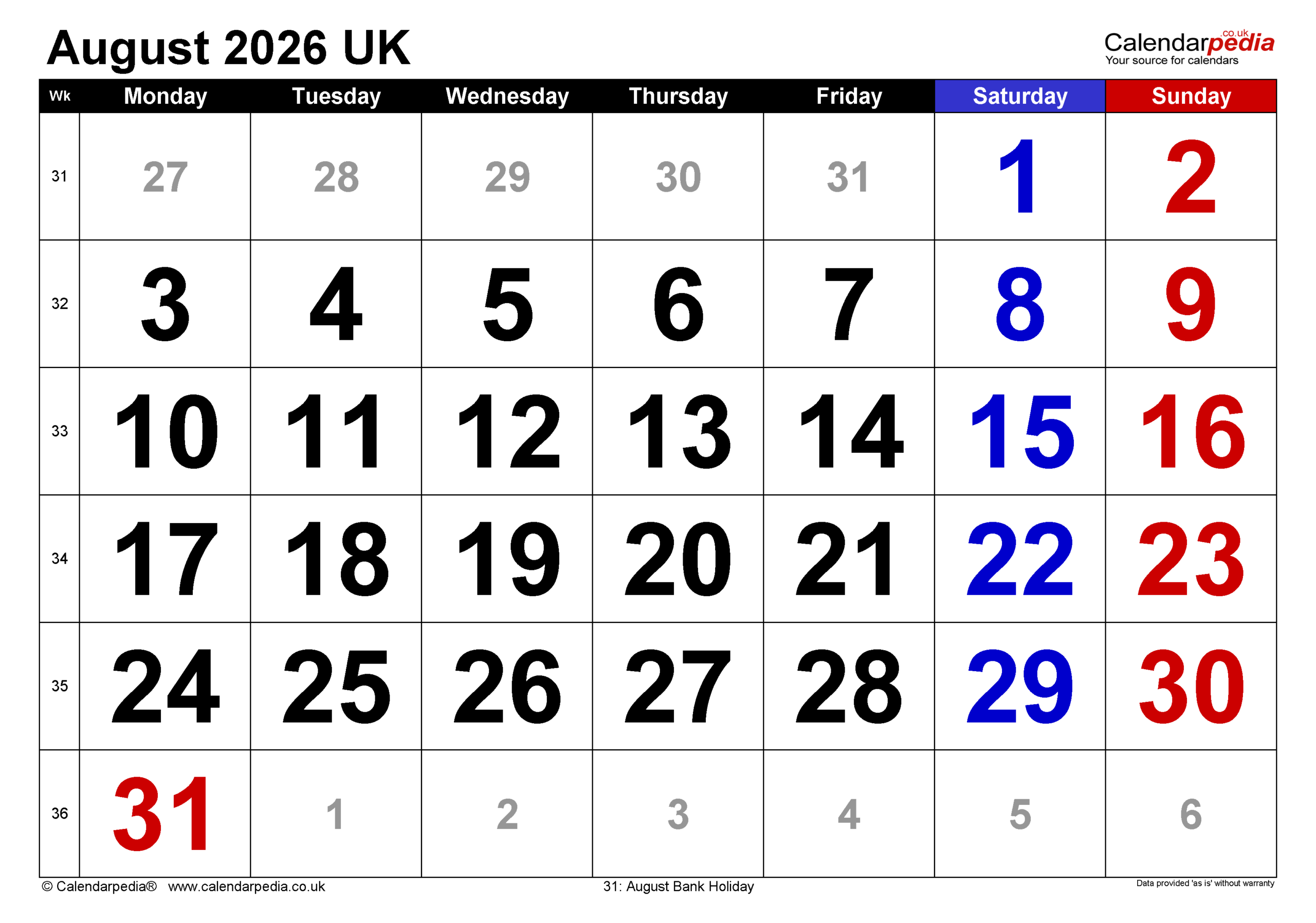 Printable August 2026 Calendar