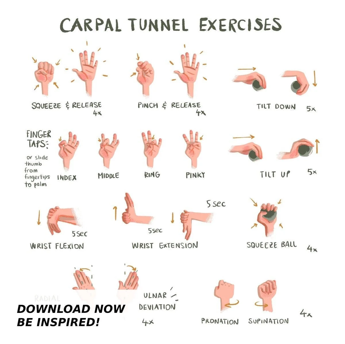 Carpal Tunnel Exercises Print Digital White Hand And Wrist 