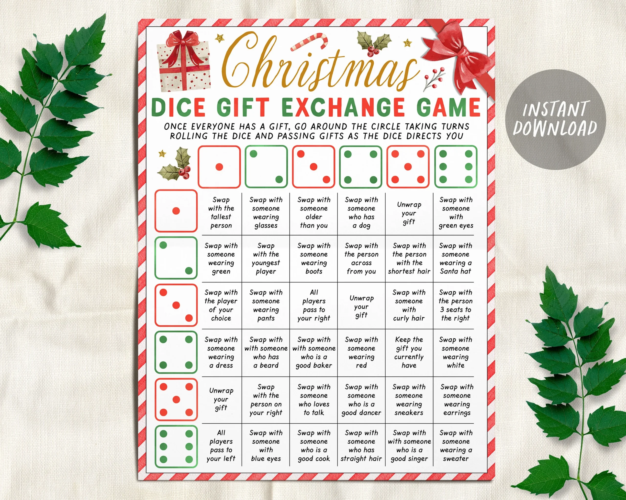 Christmas Gift Exchange Dice Game Printable White Elephant Holiday Gift Swap Family Group Party Game For Christmas Party Roll The Dice 