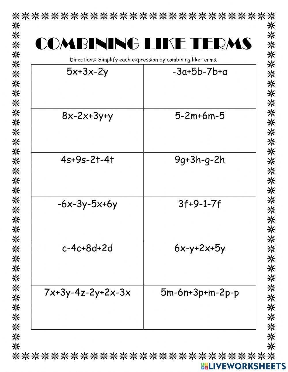 Combine Like Terms Worksheet