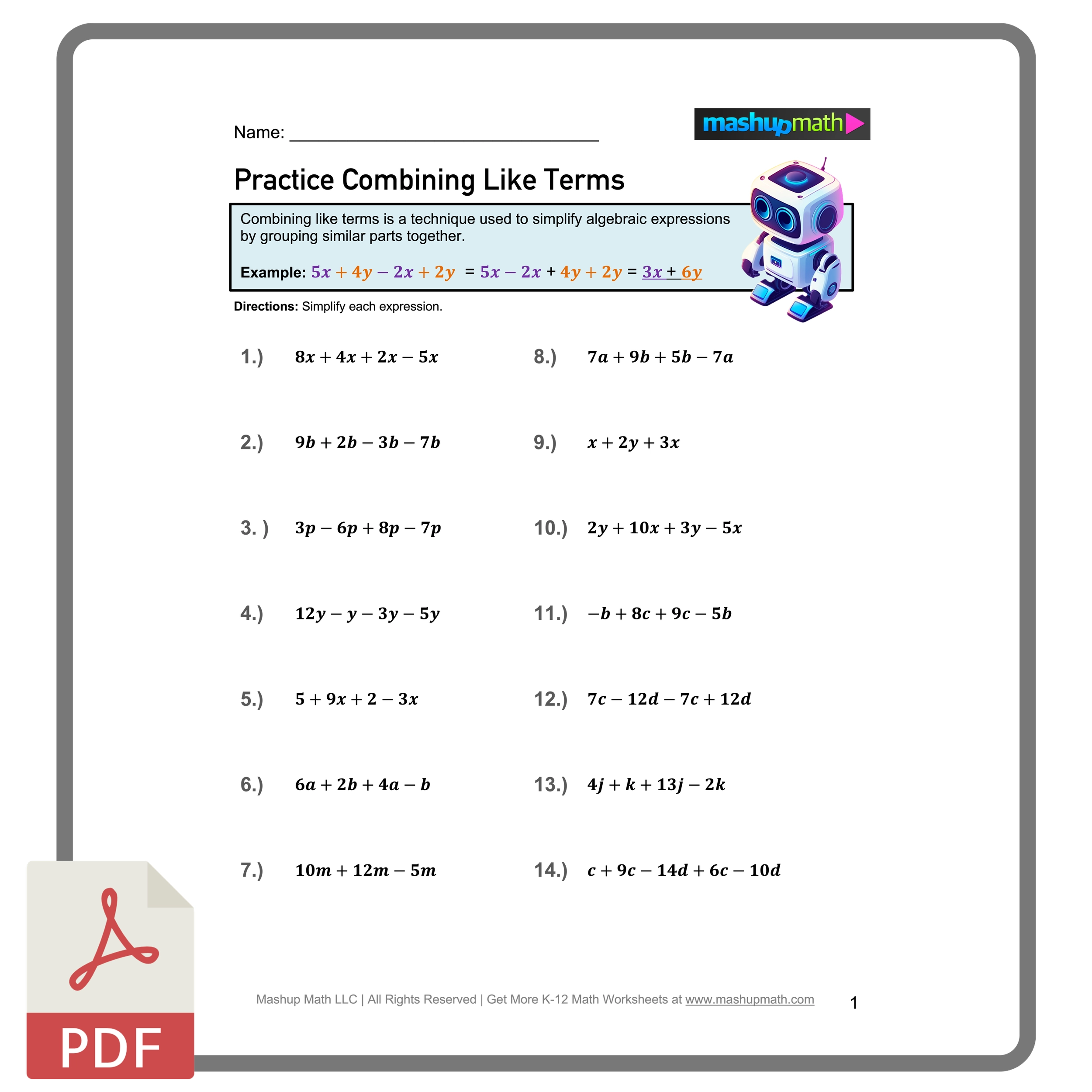 Combining Like Terms Worksheets Printable With Answers Mashup Math