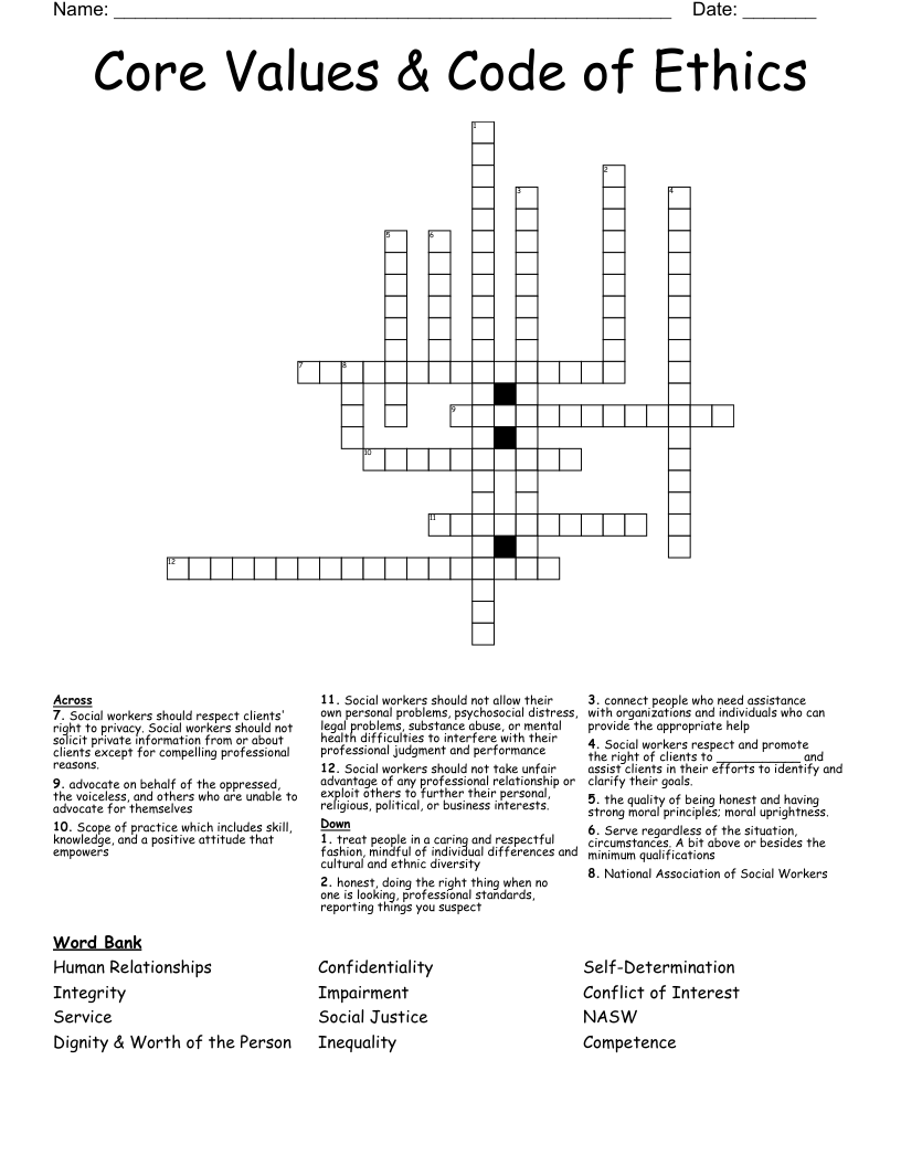 Core Values amp Code Of Ethics Crossword WordMint
