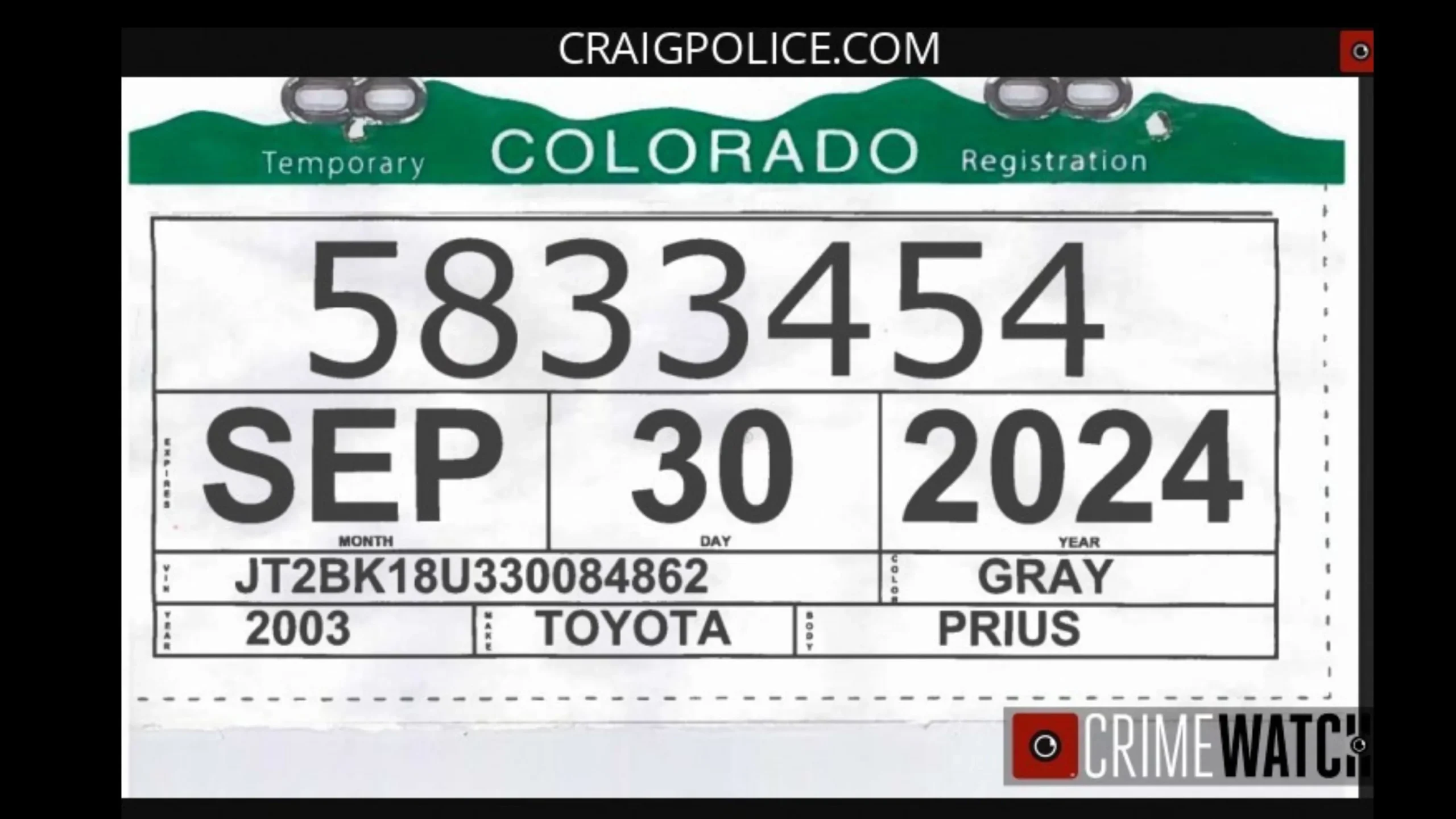 Craig Police Warns Of Fake Temporary Plates Possibly Targeting 
