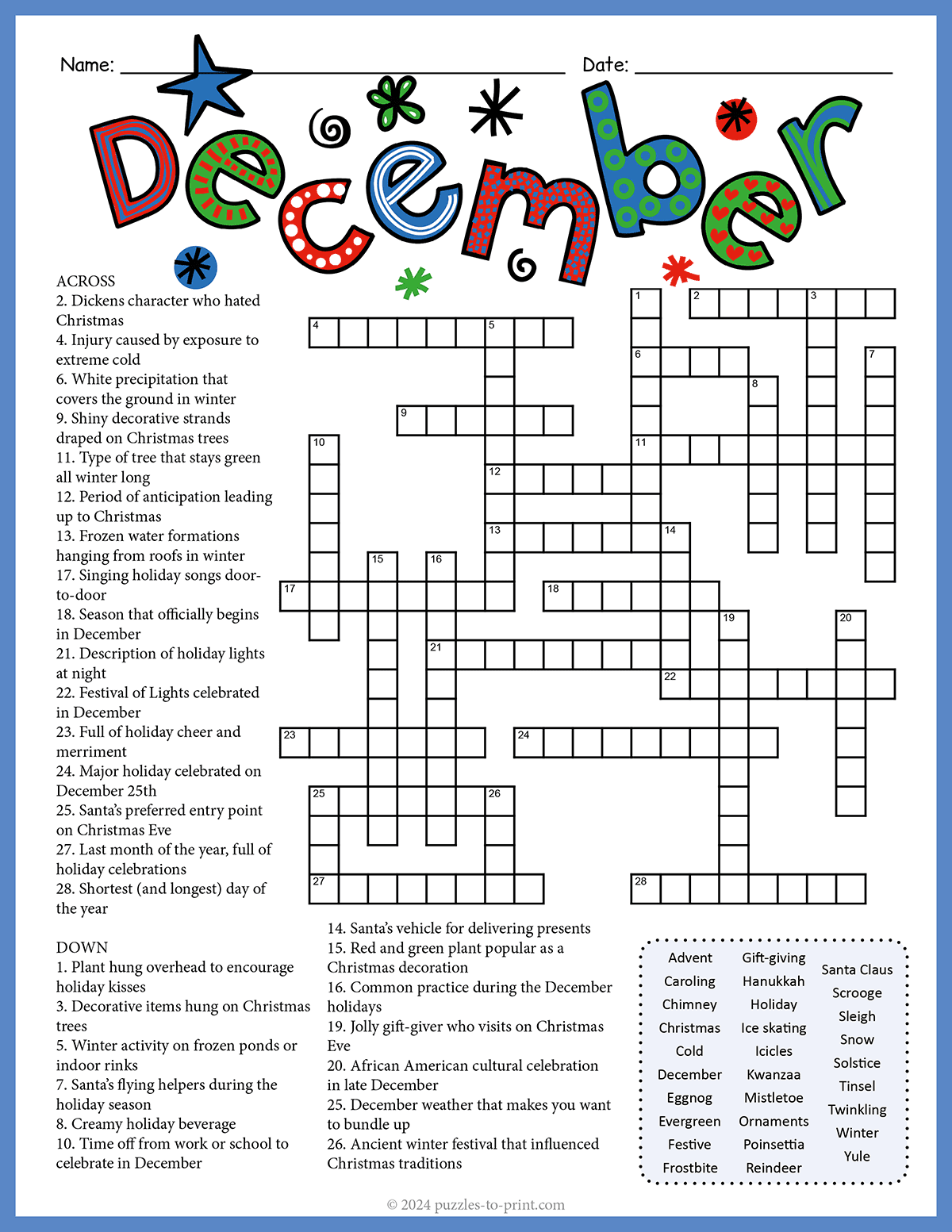 Free Printable Christmas Crossword Puzzle