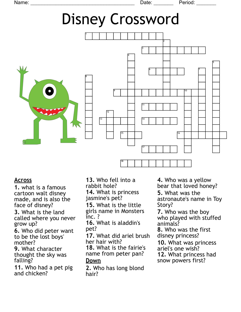Disney Characters Crossword WordMint