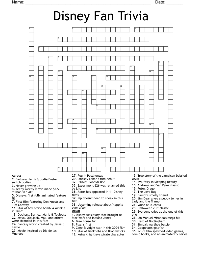 Movie Trivia Crossword Puzzles Printable