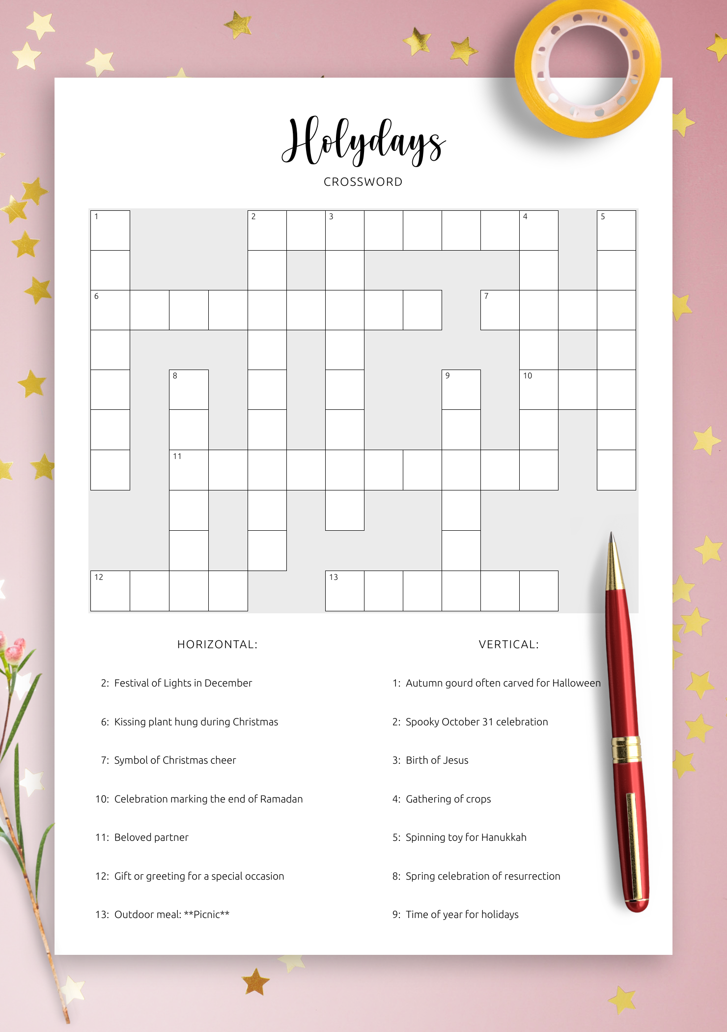 Download Printable Holidays Crossword Puzzle PDF Explore Festive 