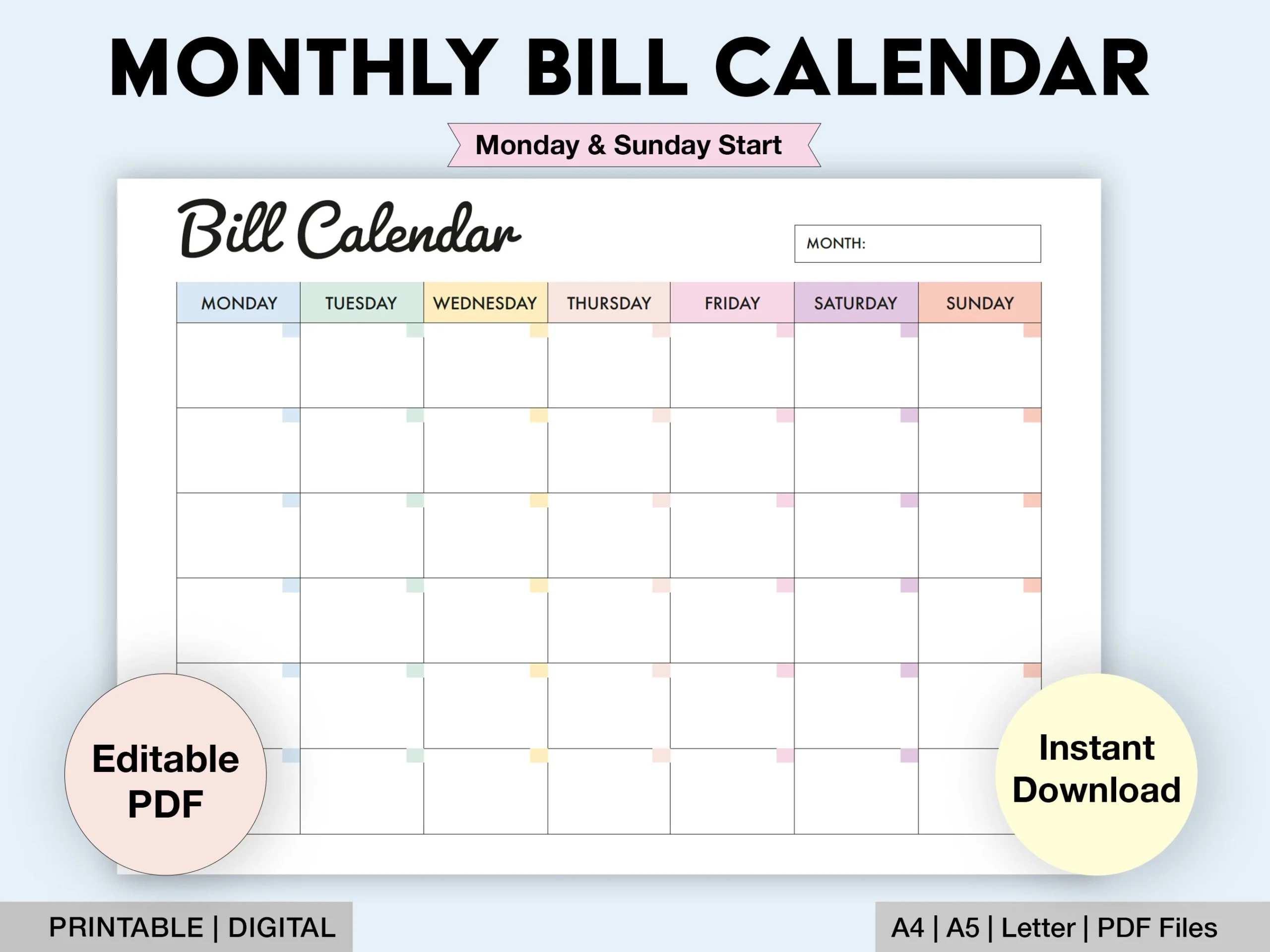 Editable Bill Calendar Printable Monthly Bill Planner Monthly 