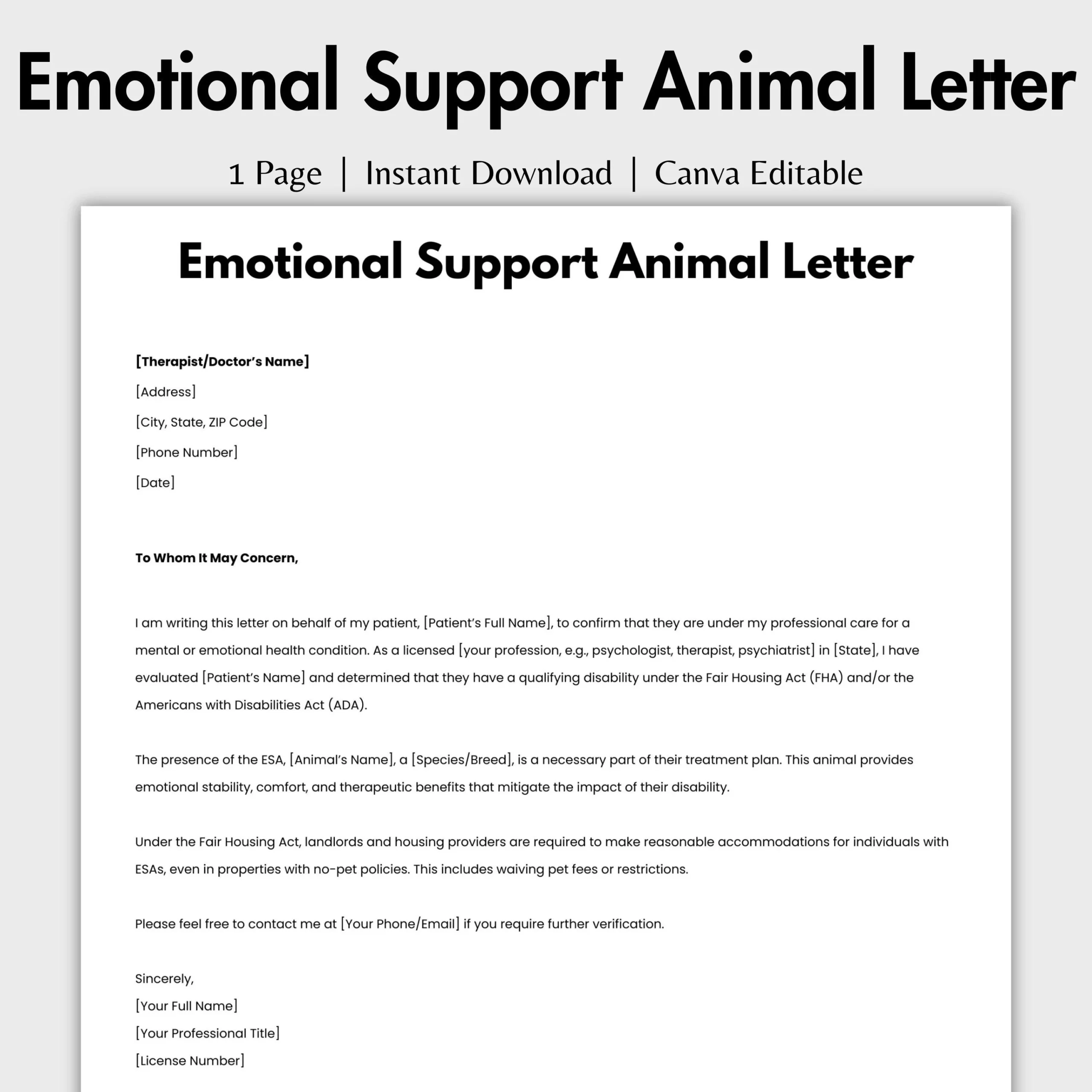 Editable Emotional Support Animal Letter Printable ESA Letter 