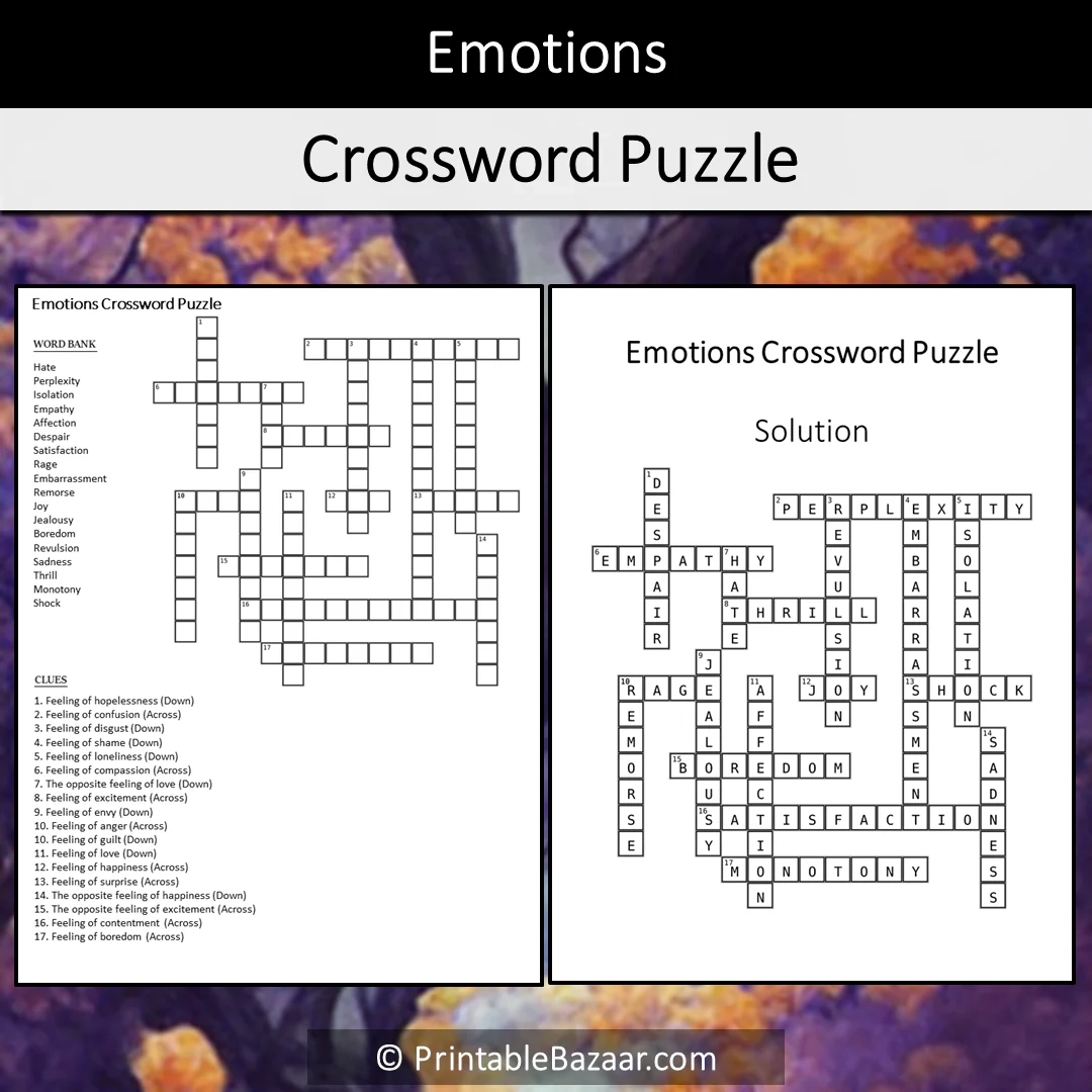 Feelings Crossword Puzzle Printable