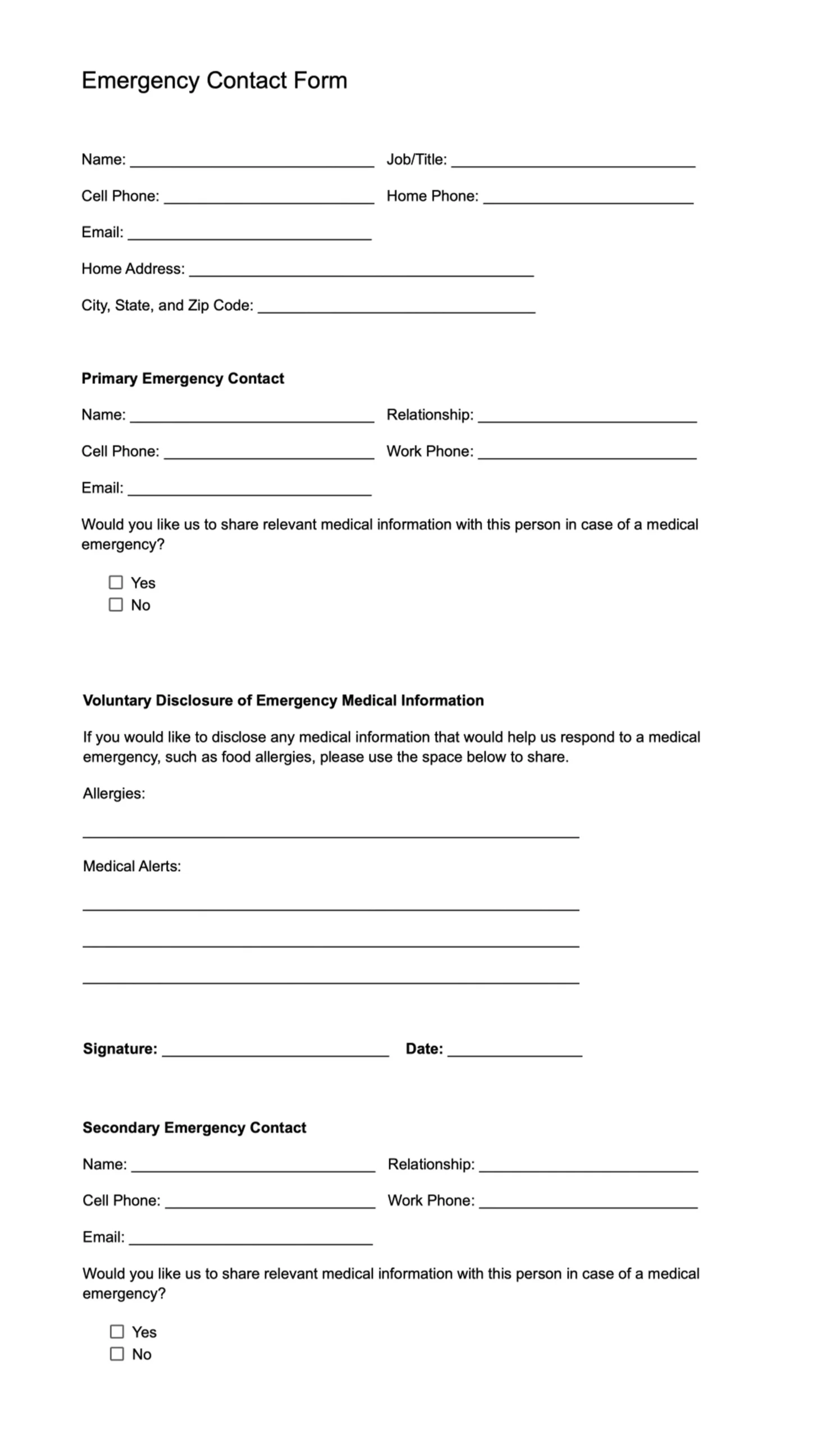 Free Printable Emergency Contact Form