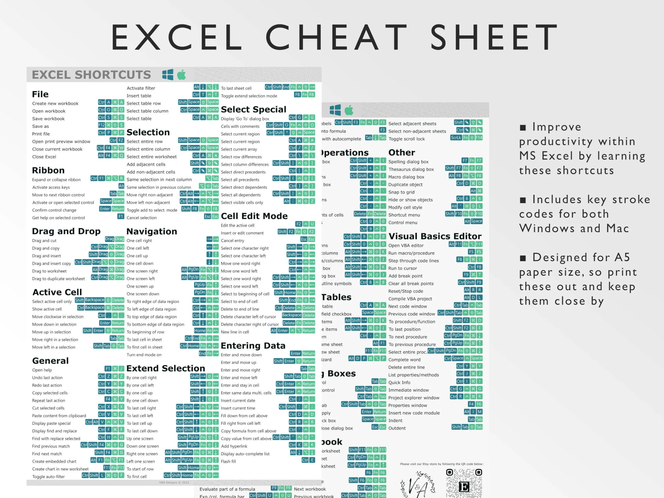 Excel Shortcuts Cheat Sheet Windows amp Mac Productivity PDF Etsy