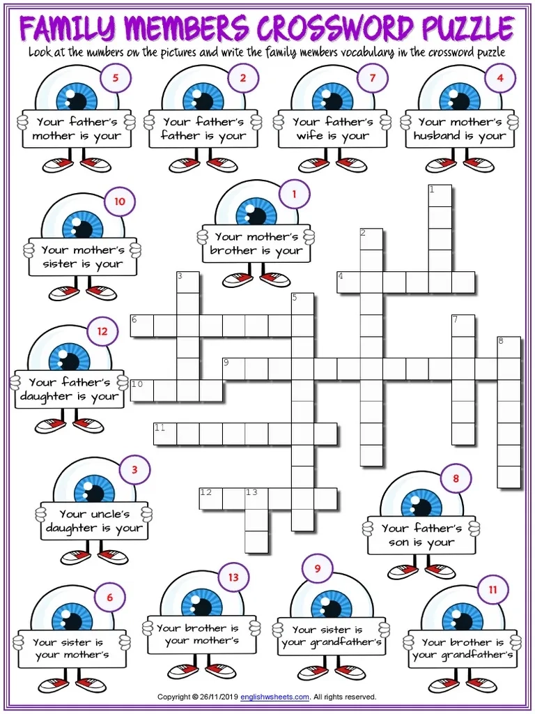 Family Members Vocabulary Esl Crossword Puzzle Worksheet For Kids 