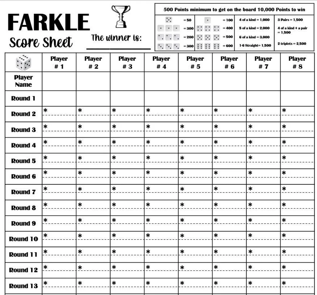Farkle Scoring Sheet Printable