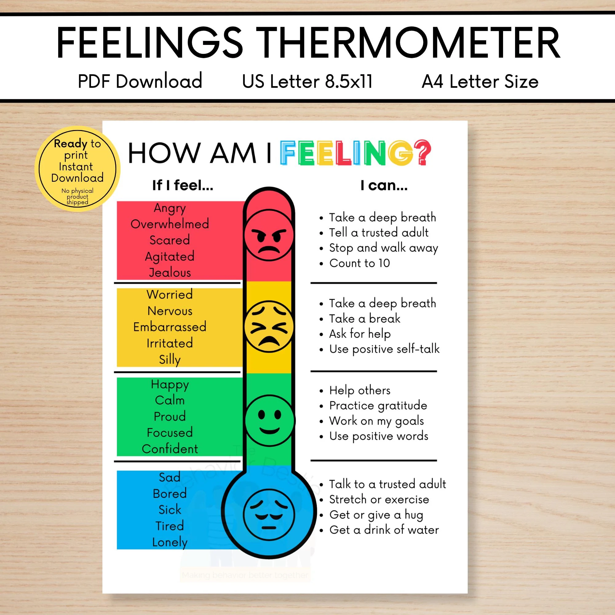 Feelings Thermometer Printable Emotion Regulation Chart 