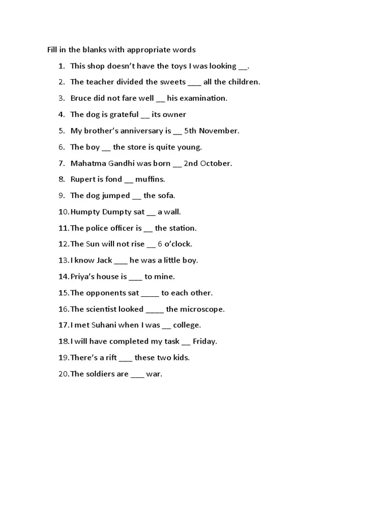 Fill In The Blanks With Appropriate Words PDF Language Arts 