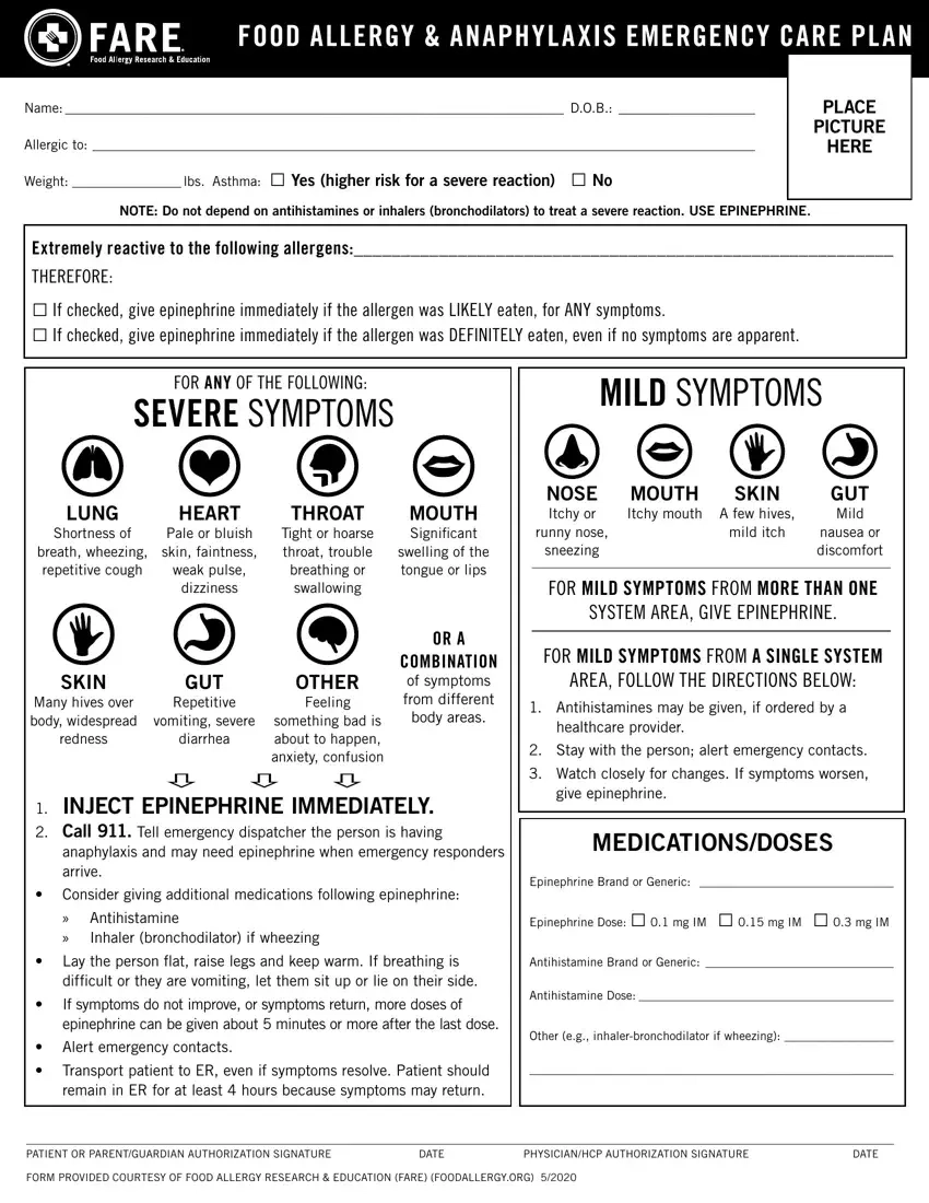 Food Allergy Action Plan Form Fill Out Printable PDF