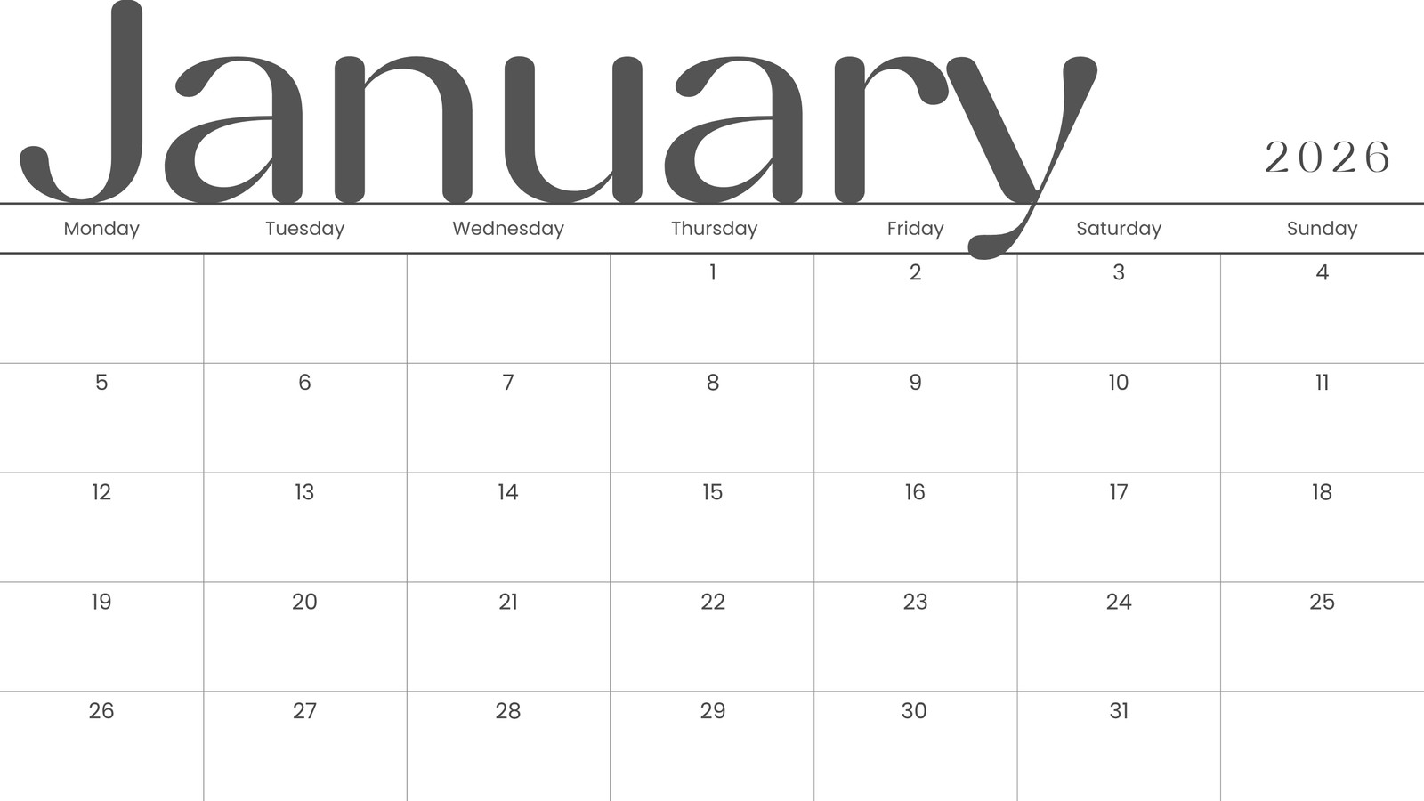 January 2026 Calendar Printable