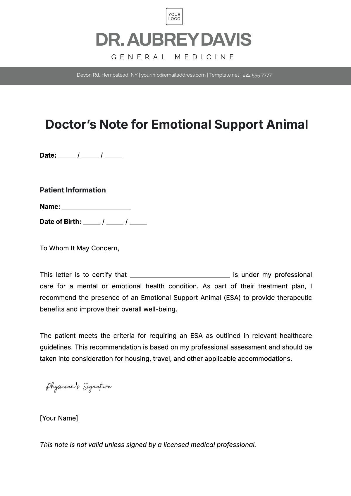 Printable Free Emotional Support Animal Letter Pdf