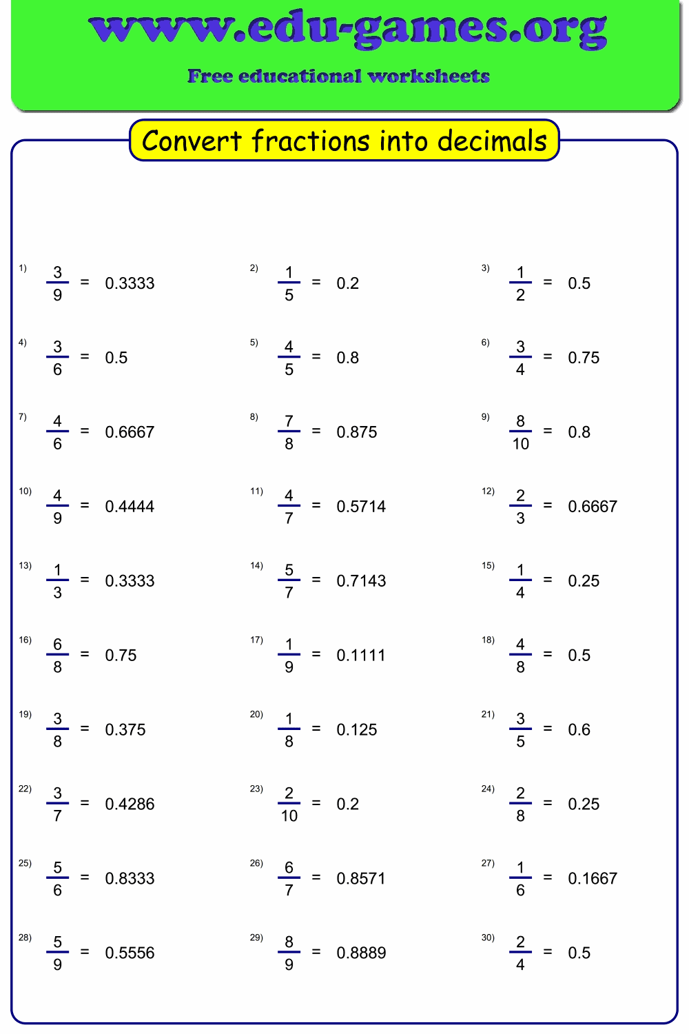 Free Fraction To Decimal Worksheets PDF Easy Generator For 