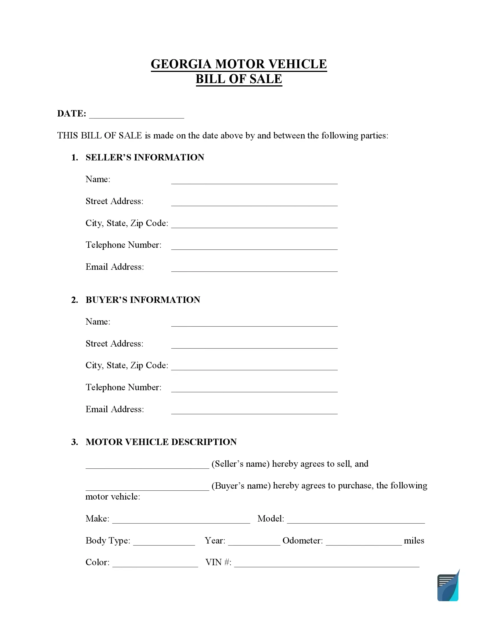 Printable Bill Of Sale Georgia