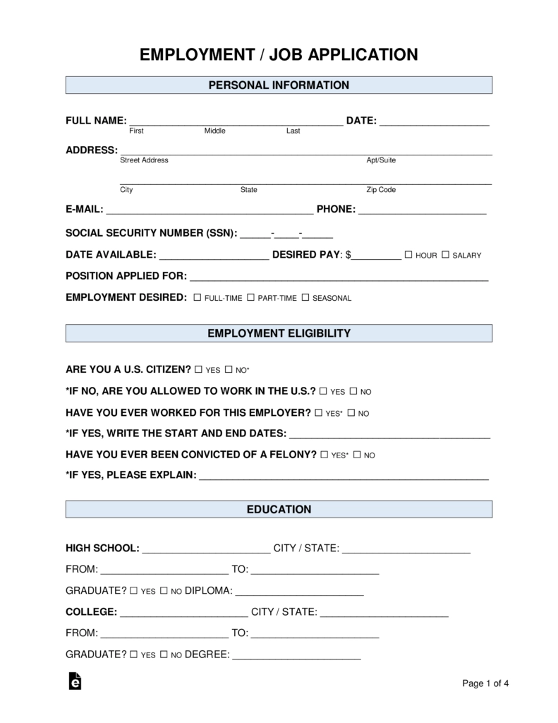 Free Job Application Forms 2 PDF Word EForms