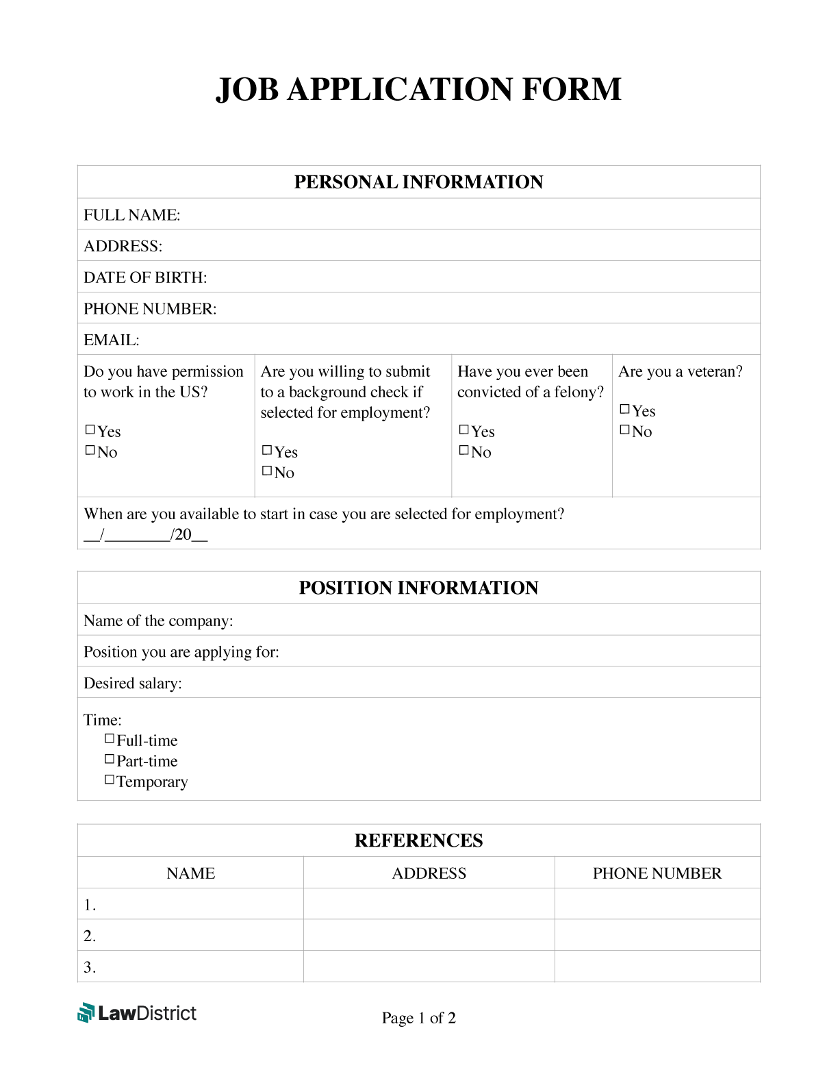 Job Application Printable