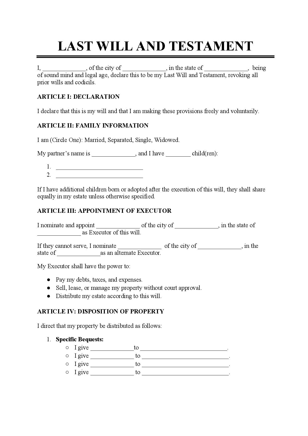 Printable Last Will And Testament