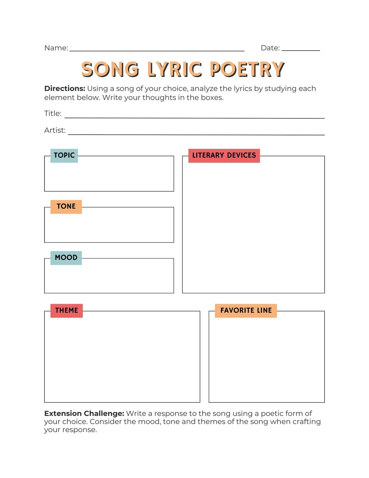 Song Lyrics Free Printable Template