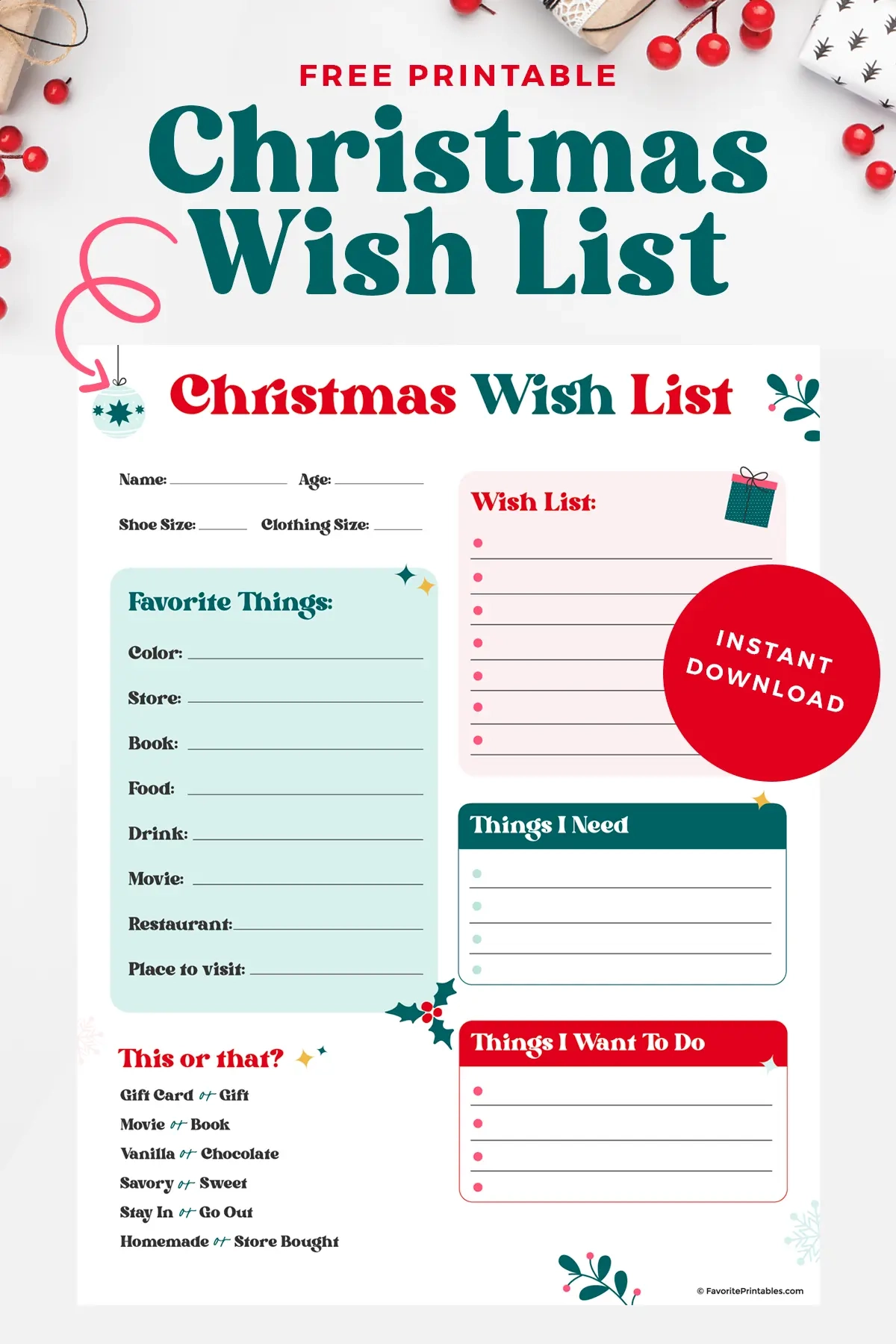 Free Printable Christmas Wish List