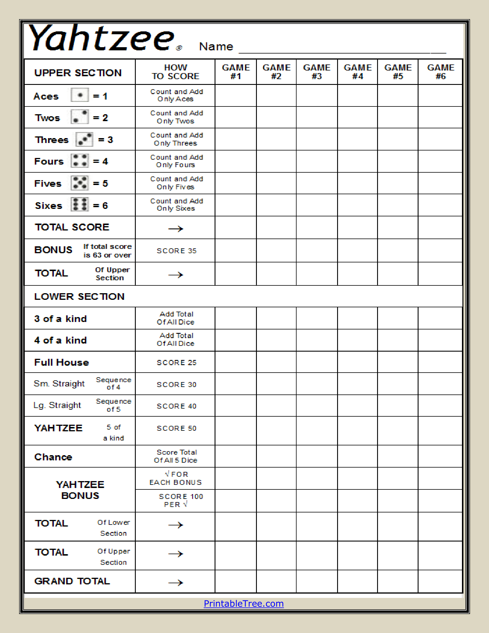 Yahtzee Score Sheets Printable