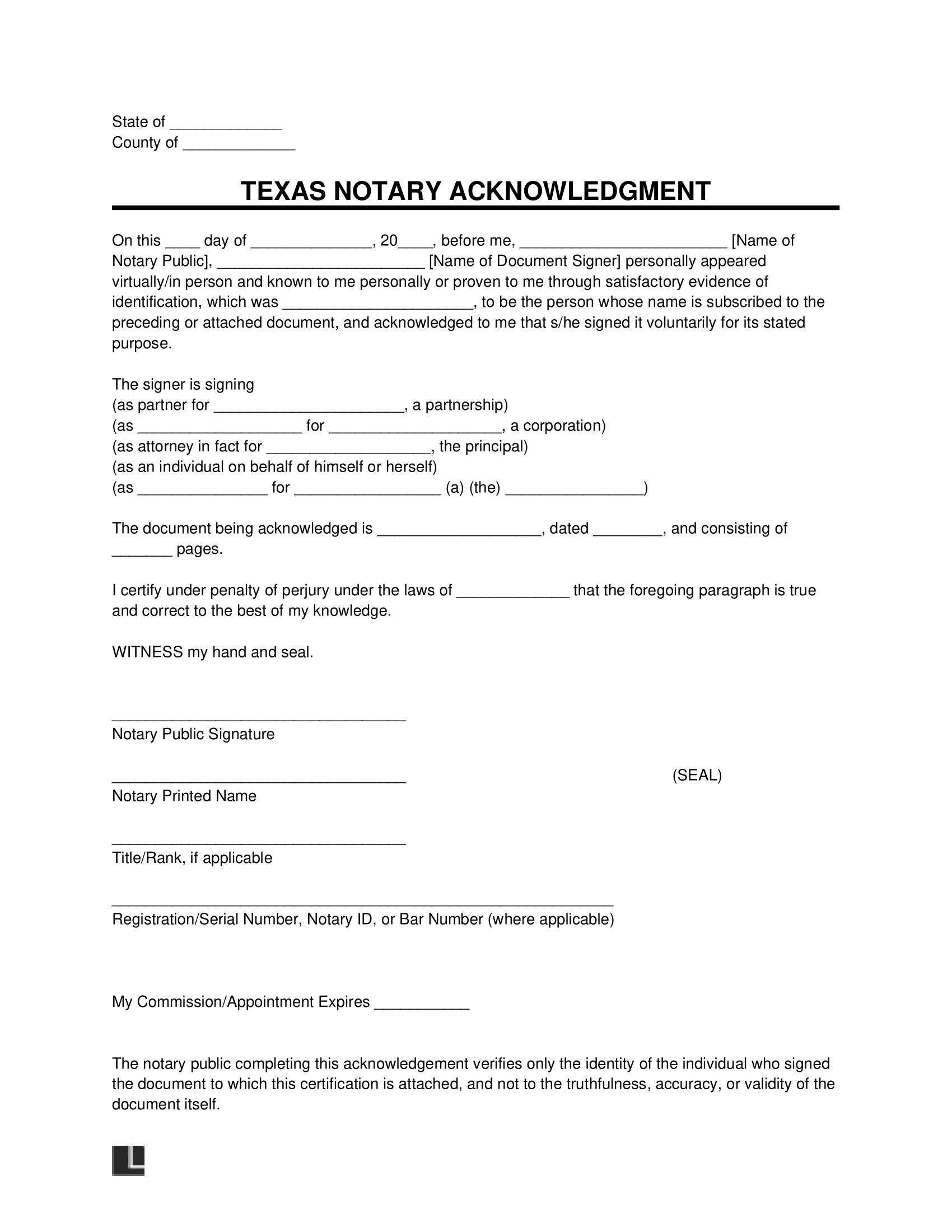 Free Texas Notary Acknowledgment Form PDF amp Word