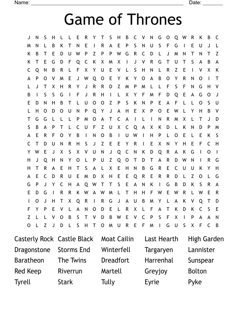 Game Of Thrones Crossword Puzzle Printable