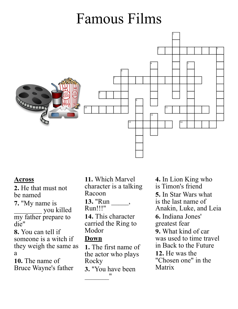 Names Of Movies Crossword Puzzles Printable