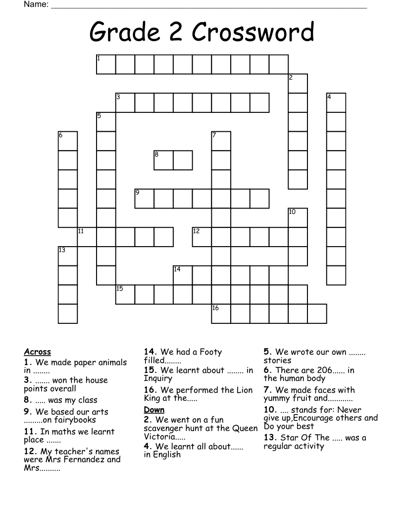 Printable Crossword Puzzles For Kids 2nd Graders