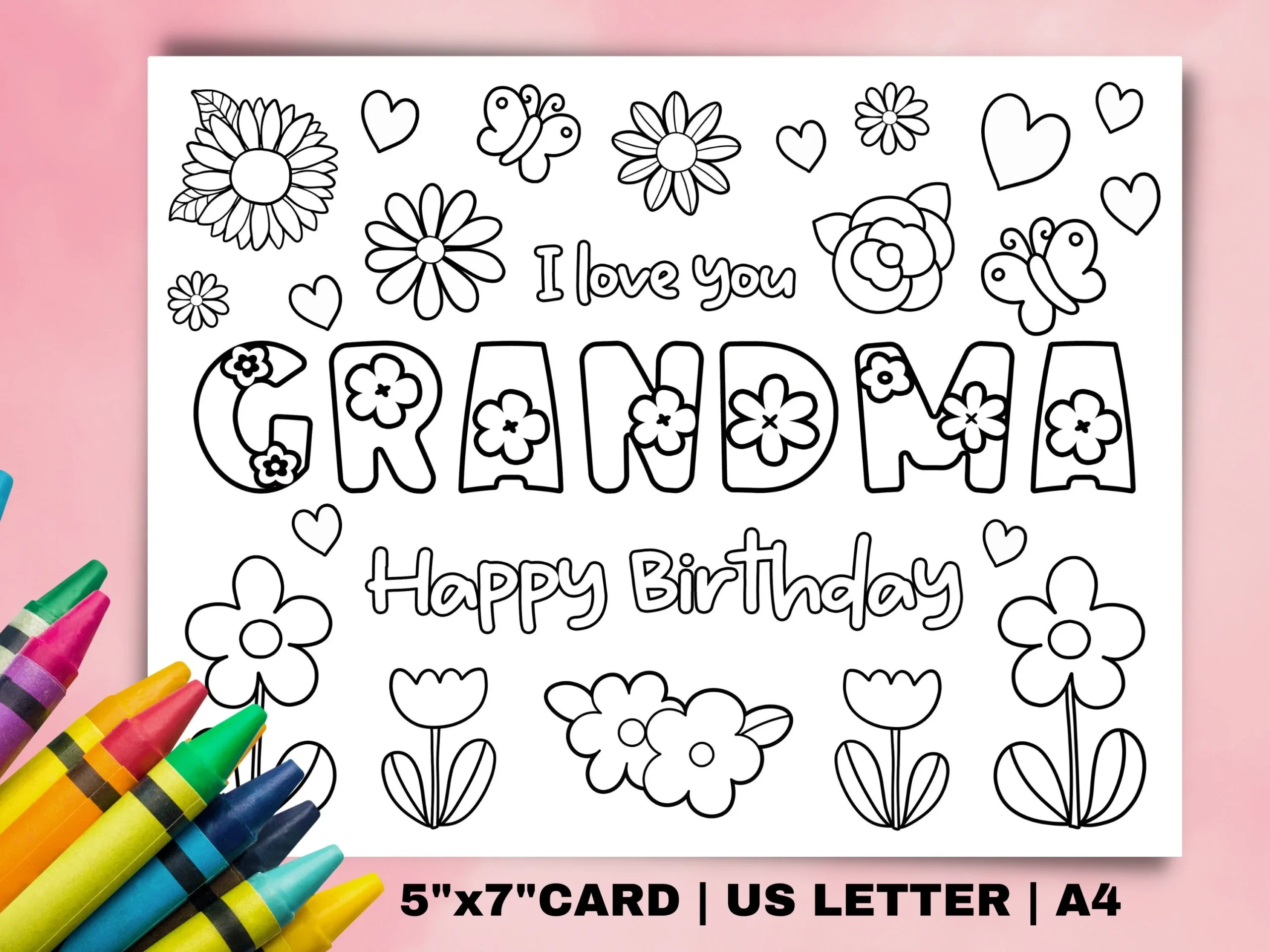 Grandma Birthday Coloring Card DIY Kids Craft digital Download 