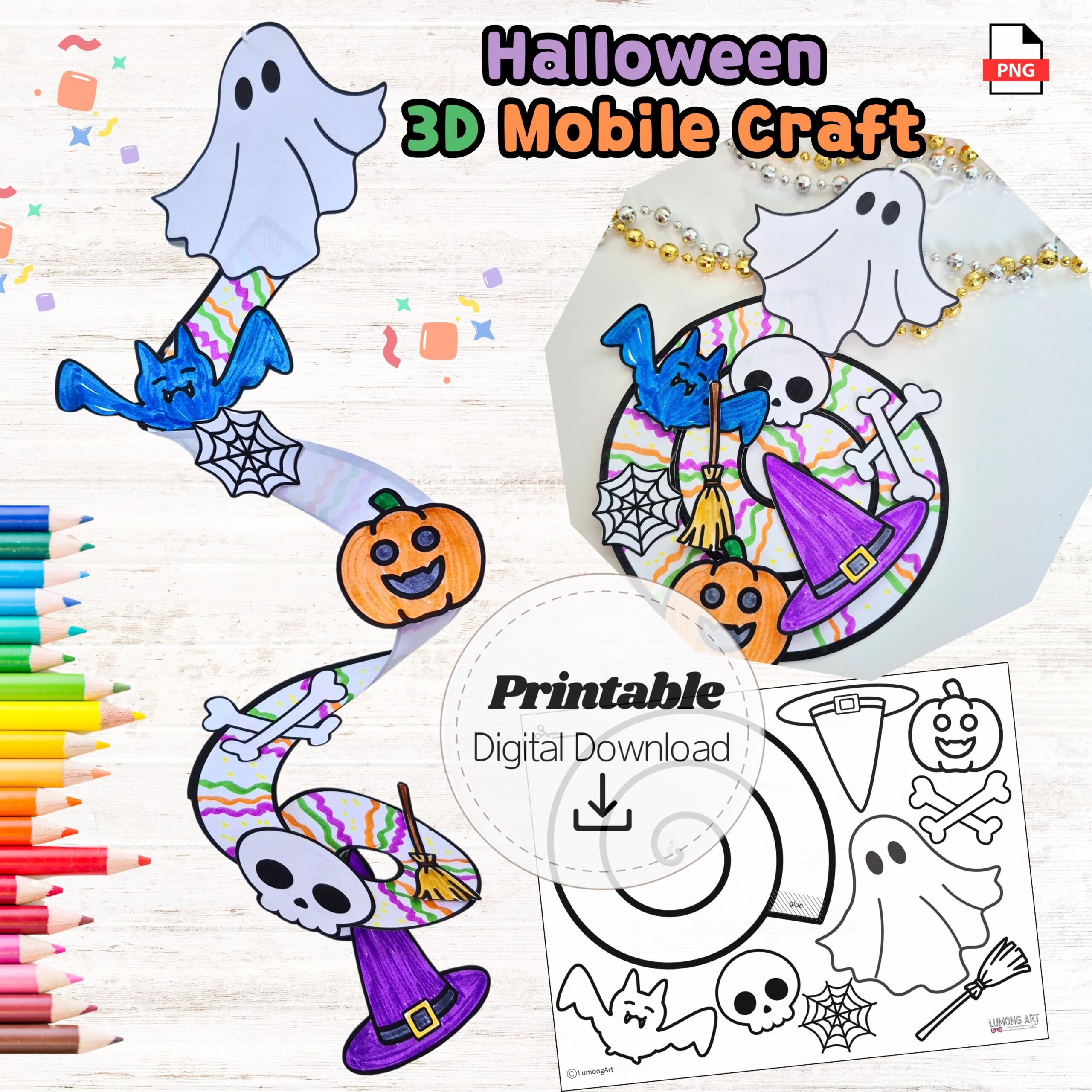 Halloween 3D Mobile Craft Printable Color Cut amp Assemble Kids 