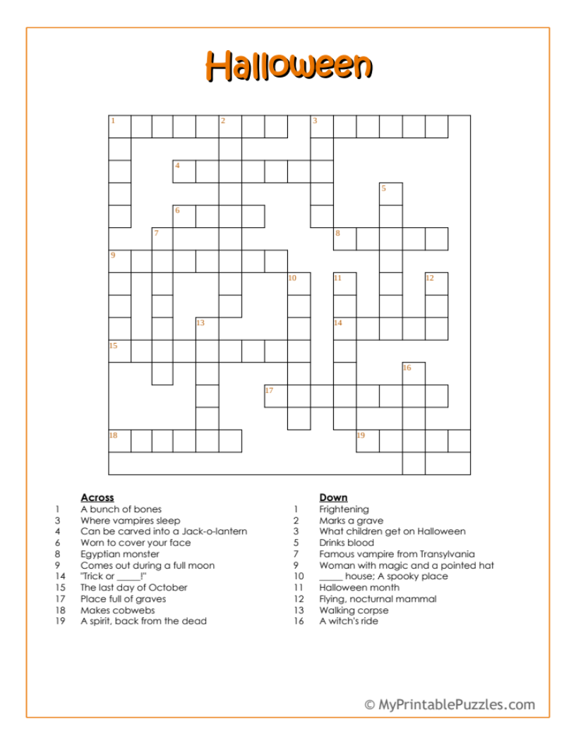 Halloween Crossword Free Printable