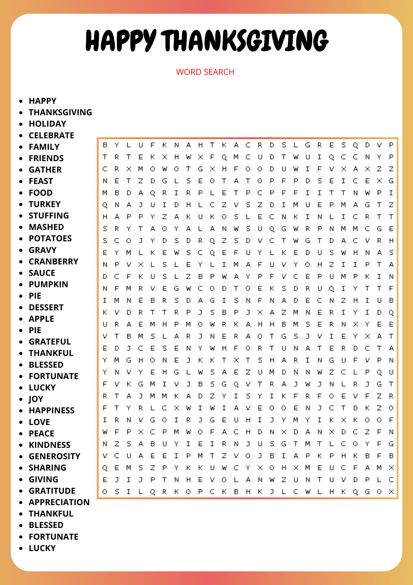 HAPPY THANKSGIVING WORD SEARCH PUZZLE WORKSHEET ACTIVITY Made By 